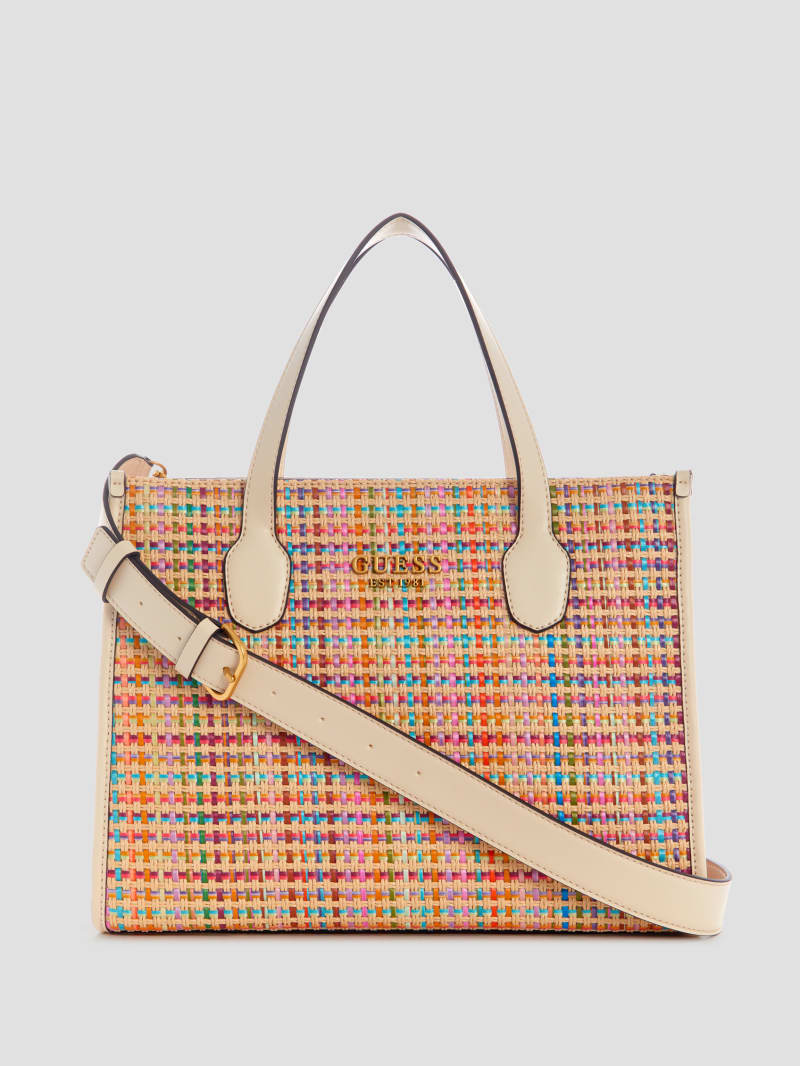 Guess Silvana Colorful Straw Tote - White Multi