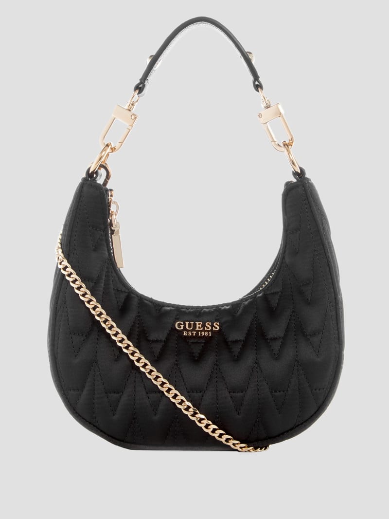 Guess Golden Rock Mini Crescent Hobo Bag - Black Floral Print