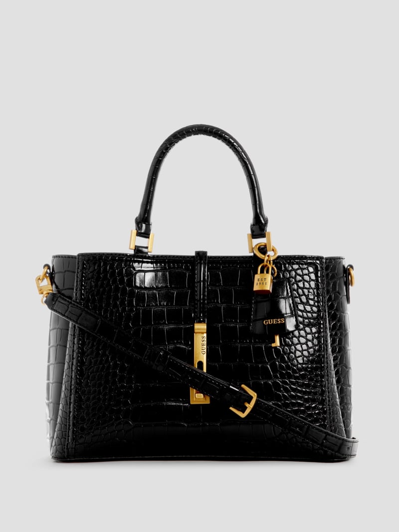 Guess James Croc Girlfriend Satchel - Black Floral Print