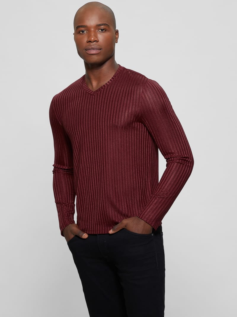 Guess Warehouse V-Neck Knit Tee - Red Noir