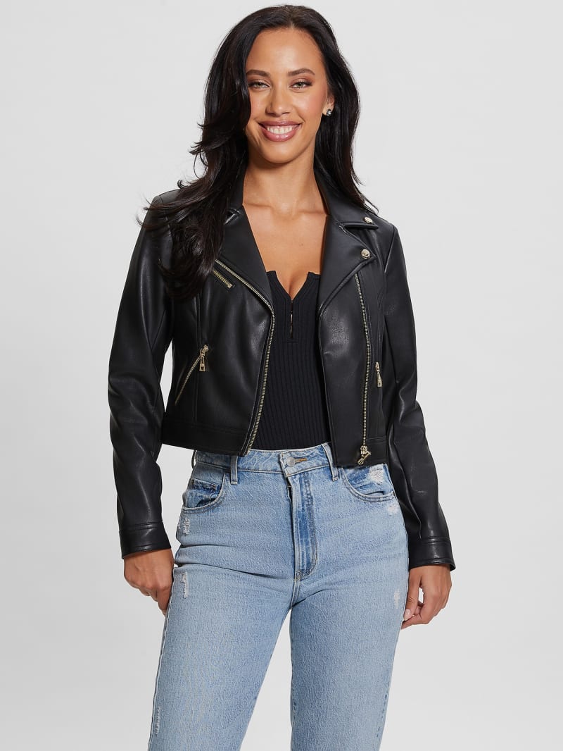 Guess Venom Cropped Moto Jacket - Jet Black Multi