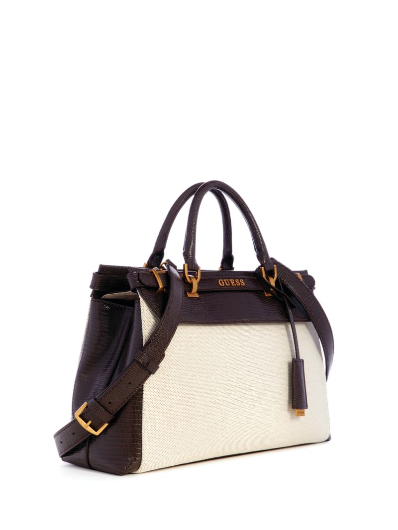 Guess Sestri Canvas Luxury Satchel - Natural/Espresso