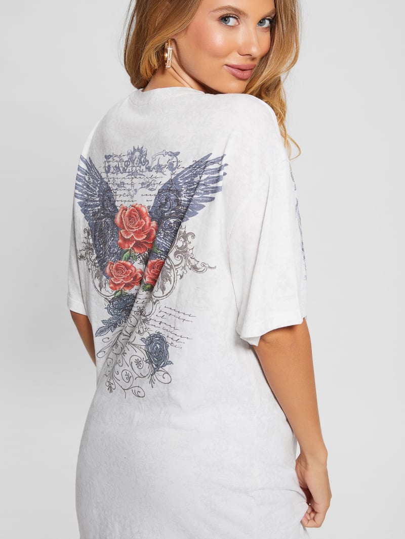 Guess Rose Wings Oversized Graphic Tee - Pure White Multi