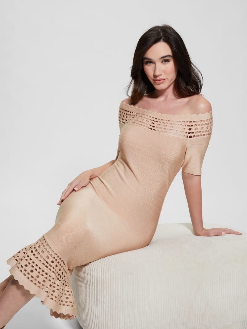 Guess Gabriela Off-the-Shoulder Bandage Dress - Foamy Taupe Multi