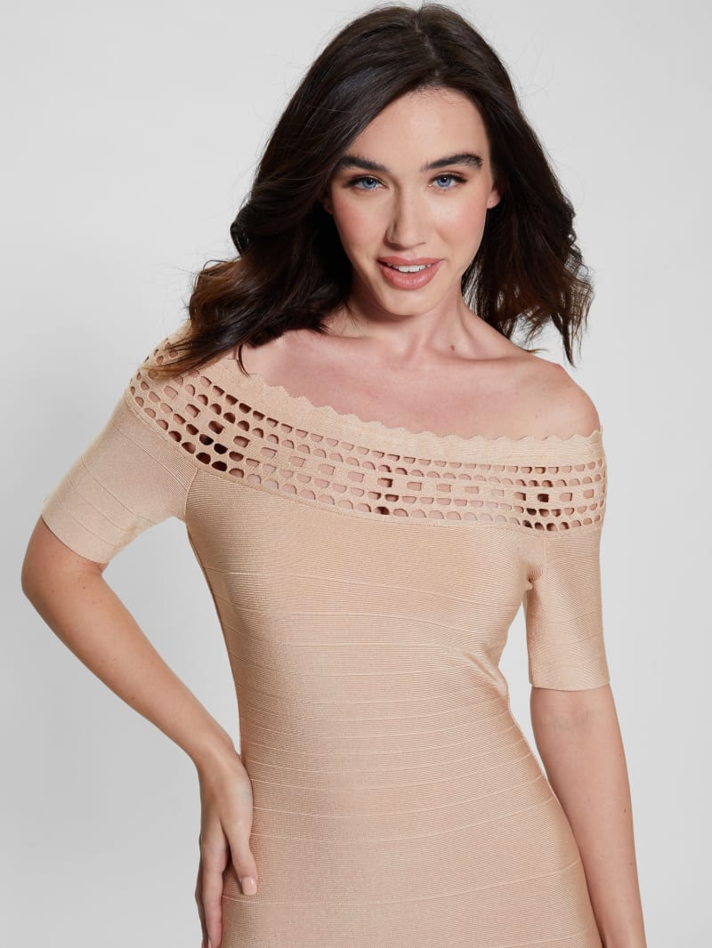 Guess Gabriela Off-the-Shoulder Bandage Dress - Foamy Taupe Multi