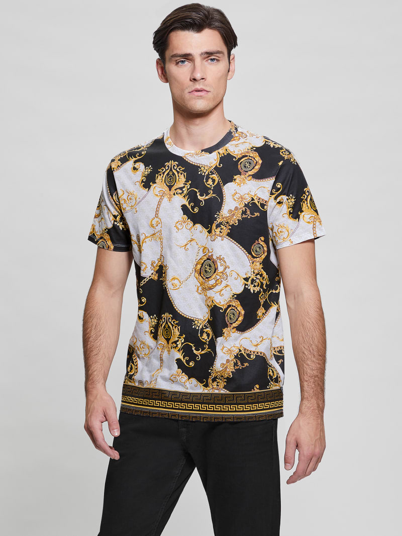 Guess Eco Quattro G Gold Chain Tee - Pure White Multi