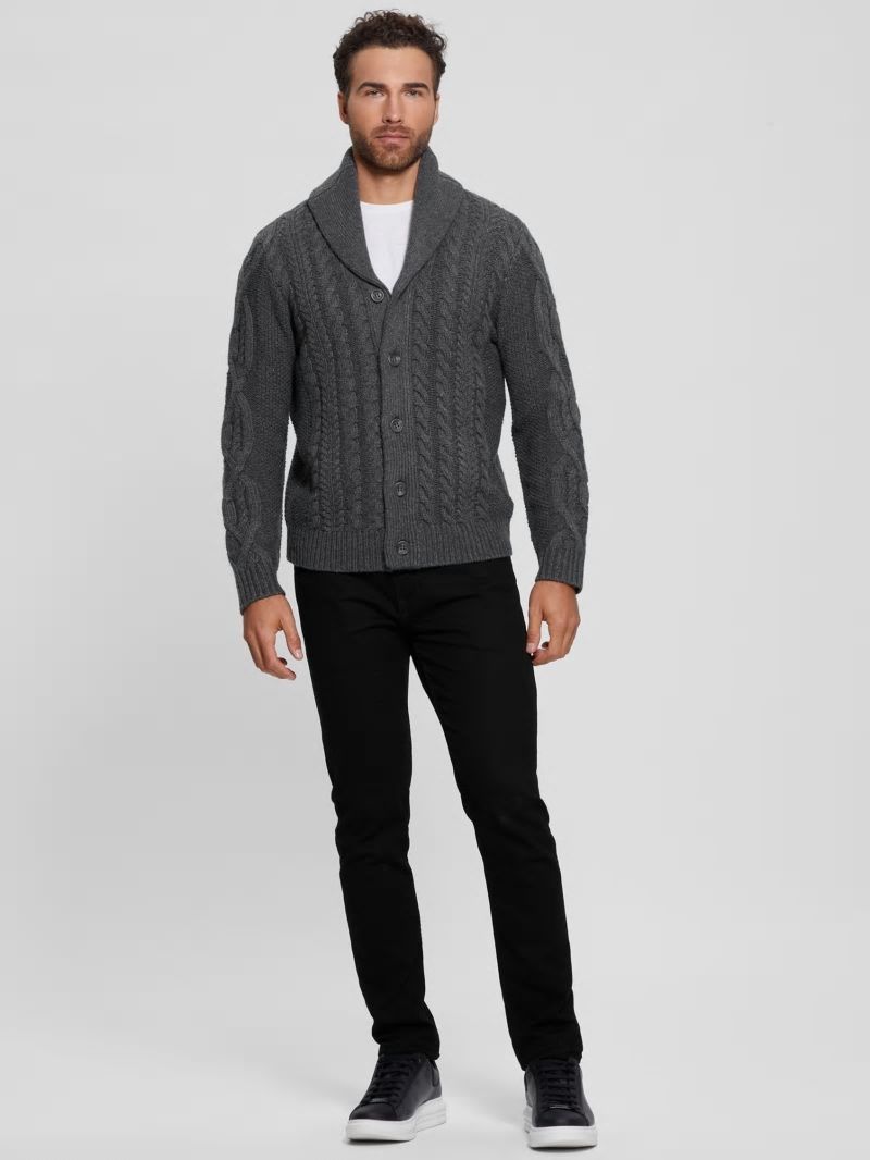 Guess Shane Celtic Cable-Knit Cardigan - Dark Coal Heather