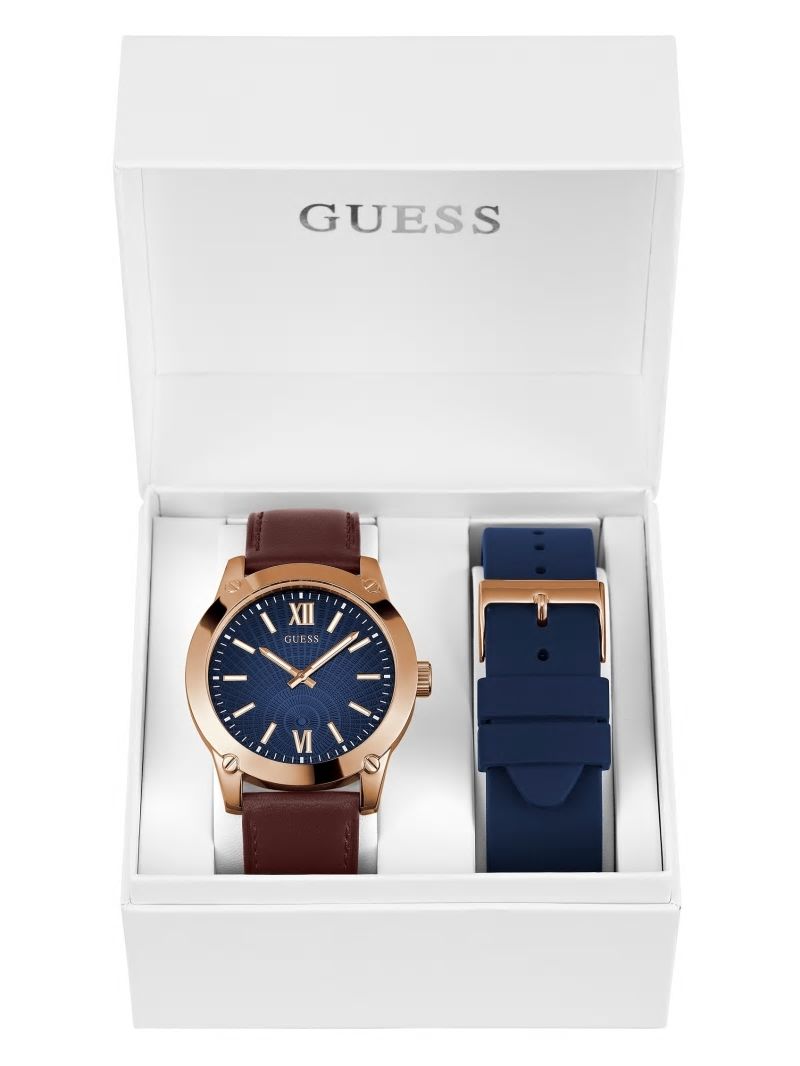 Guess Rose Gold-Tone and Black Analog Watch Box Set - Brown Leather