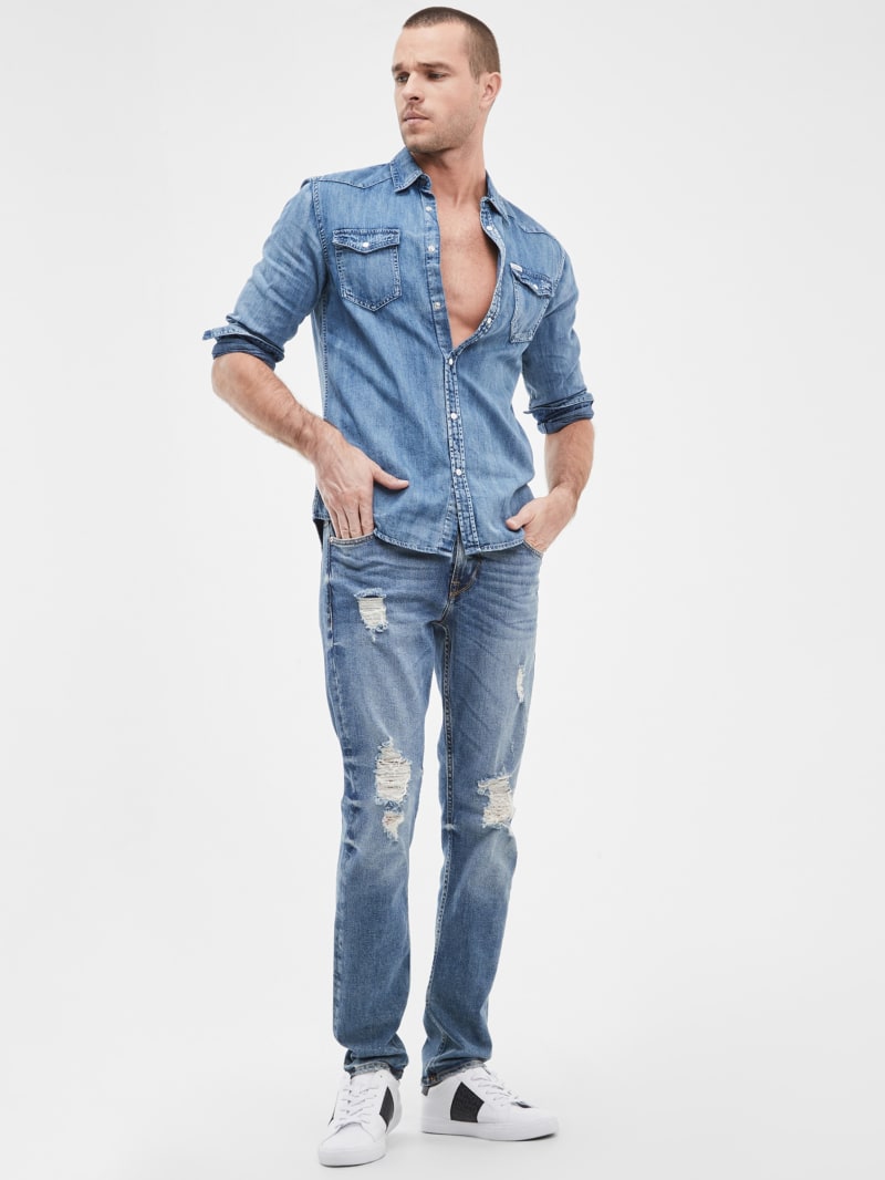 Guess Distressed Tapered Jeans - Light Tide Wash