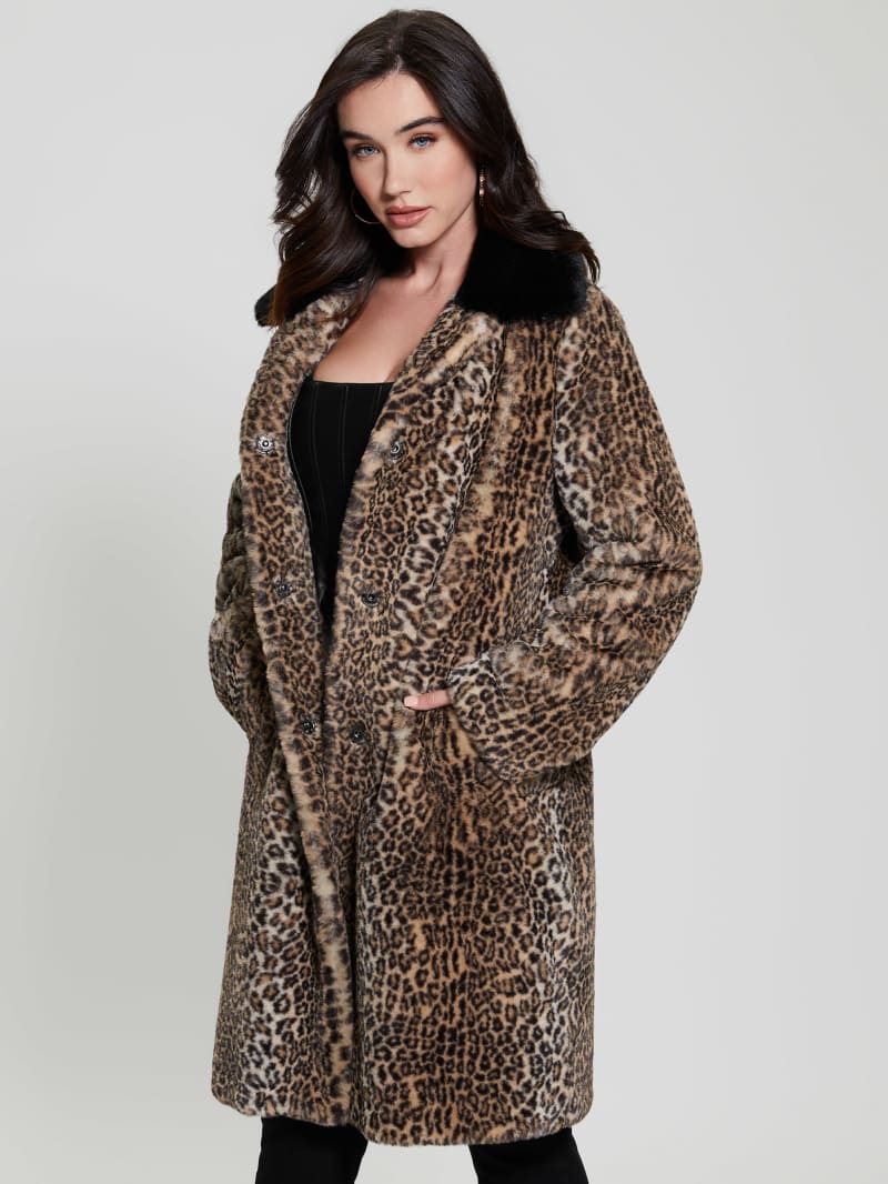 Guess Petra Faux-Fur Leopard Coat - Natural Leo Combo