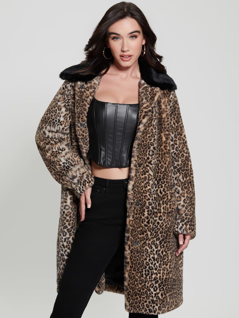 Guess Petra Faux-Fur Leopard Coat - Natural Leo Combo