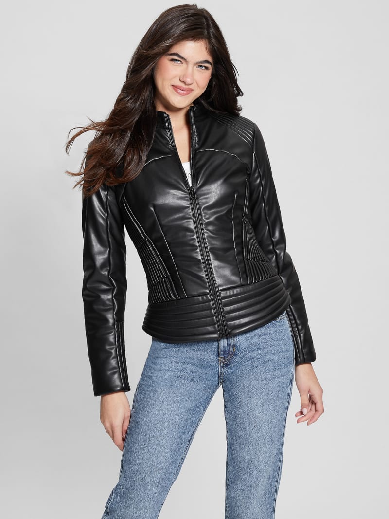 Guess Lea Faux-Leather Corset Jacket - Black