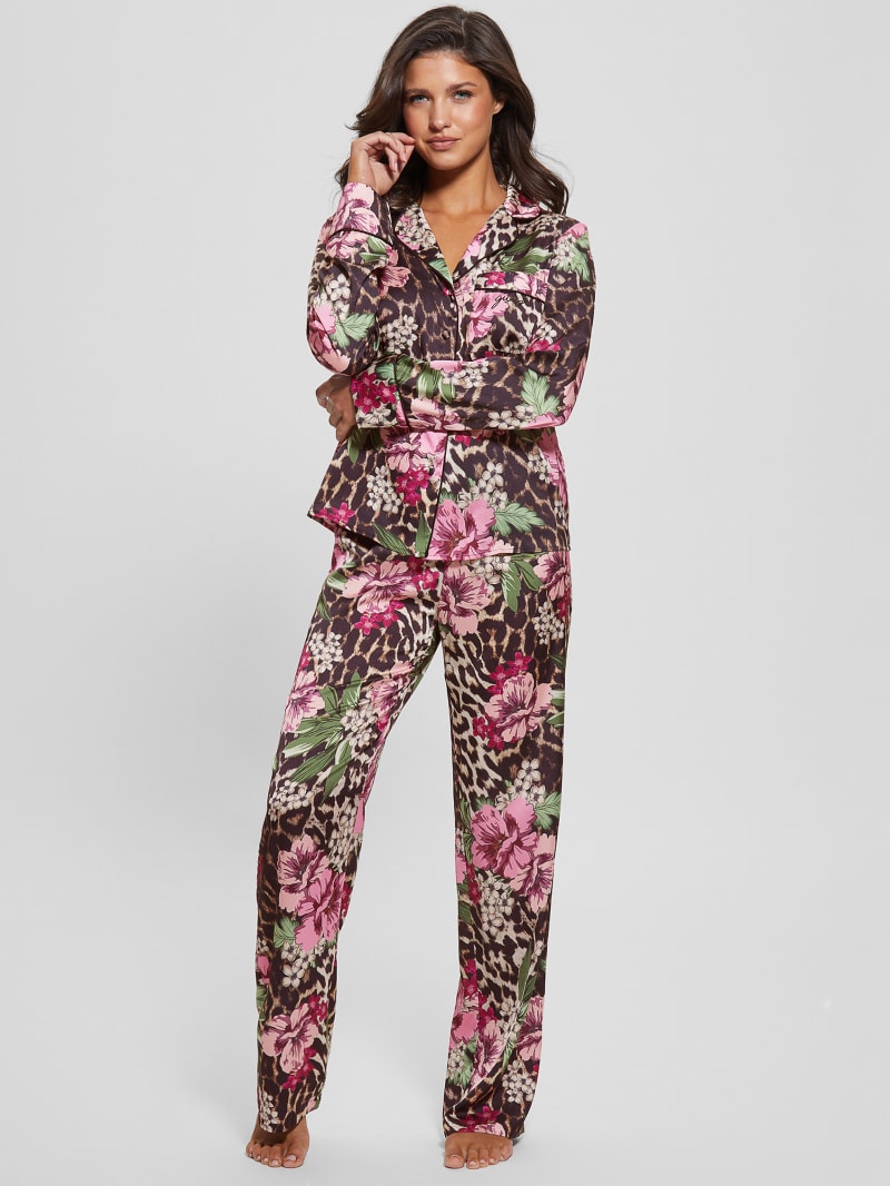 Guess Eco Dulcie Shirt and Pants PJ Set - Allover Flowers Leopard