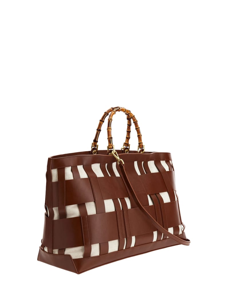 Guess Aida Woven Leather Maxi Satchel - Cognac