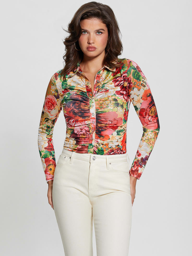 Guess Milana Shirred Printed Blouse - Peony Animal Print