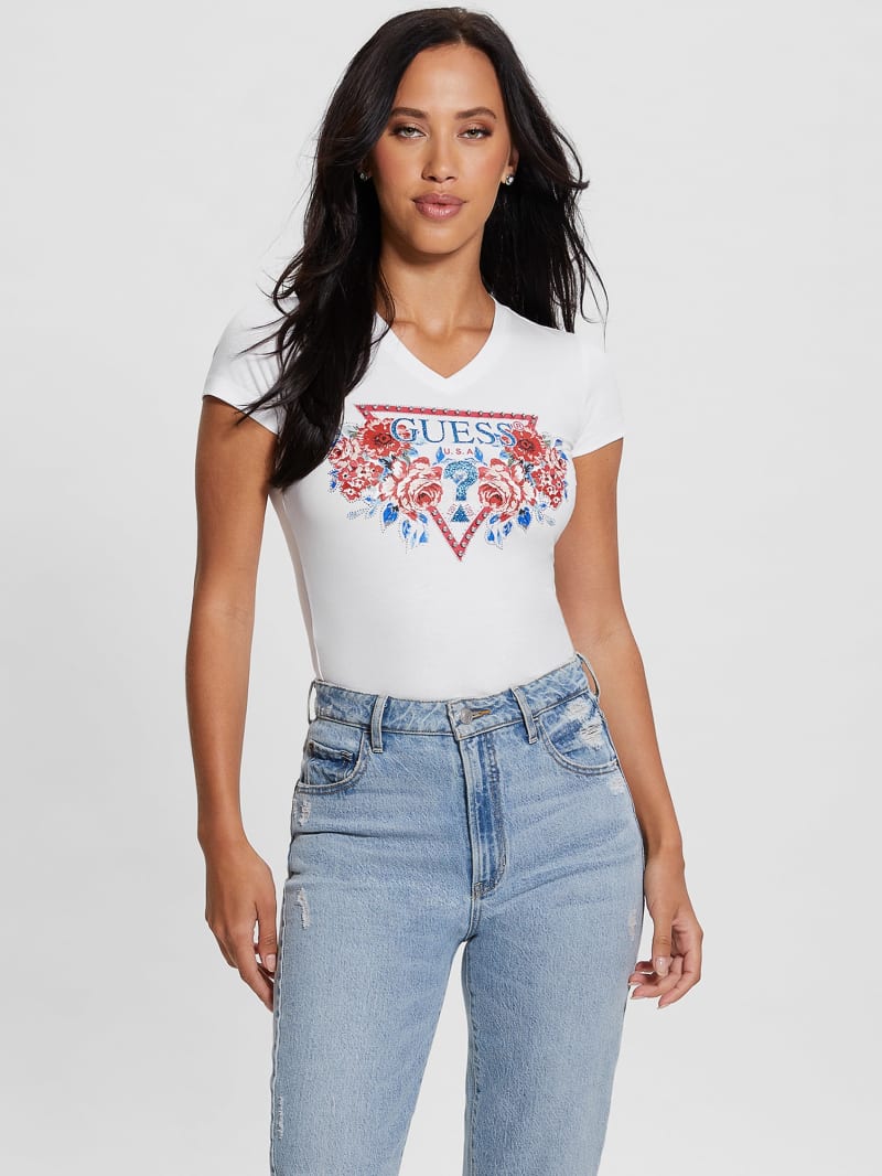 Guess Eco Floral Signature Triangle Tee - Pure White