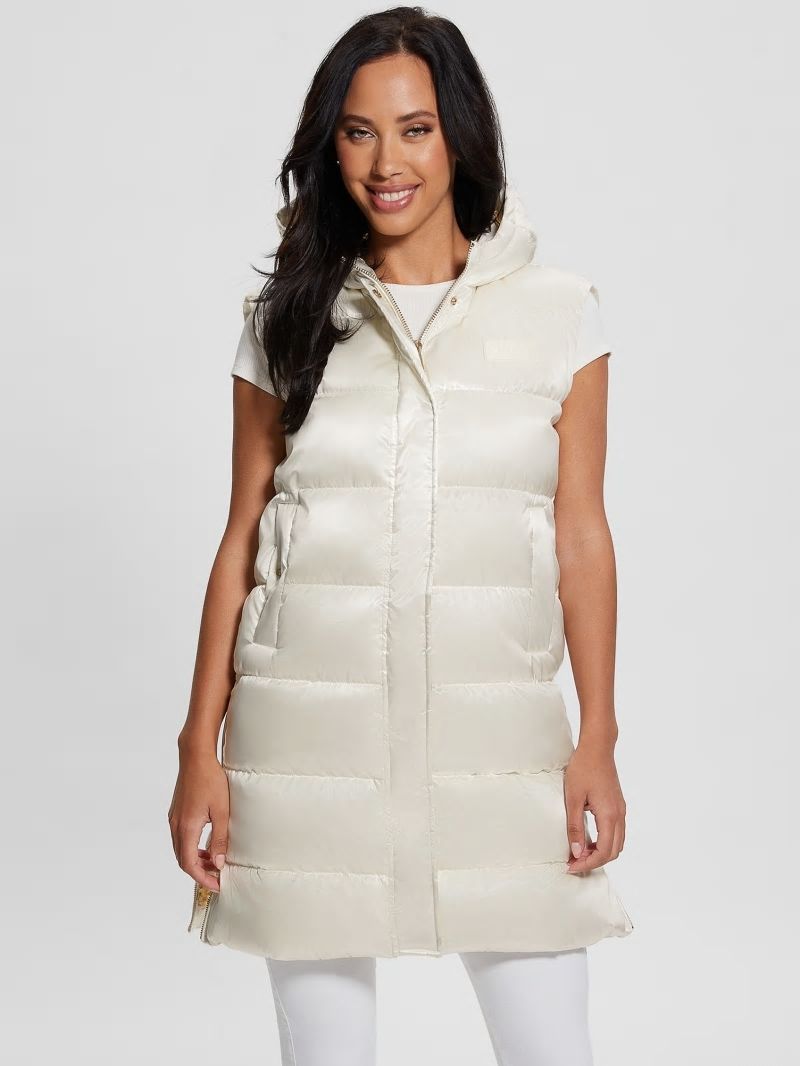 Guess Noemi Long Satin Puffer Vest - Cream White Multi