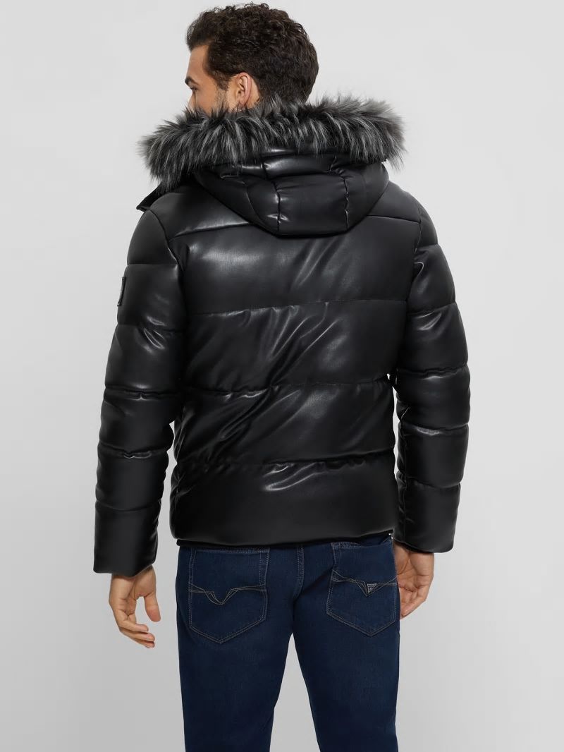 Guess Faux-Leather Hooded Puffer Jacket - Black