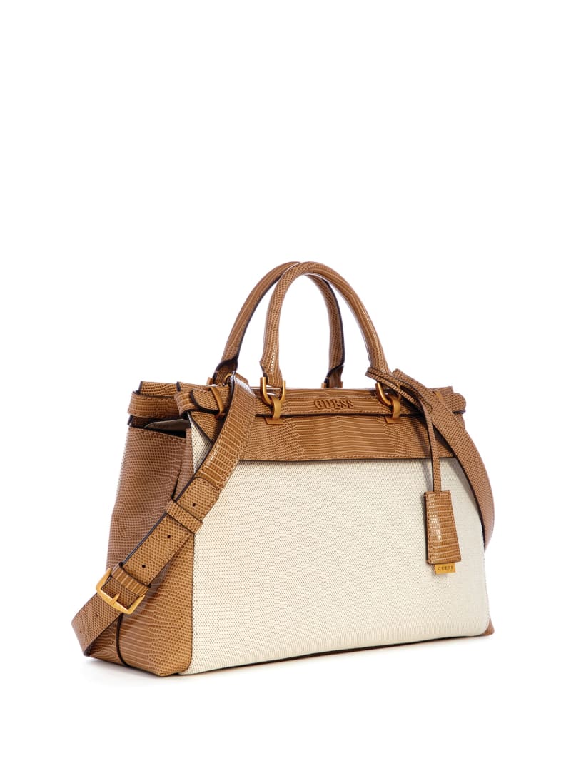 Guess Sestri Canvas Luxury Satchel - Natural/Camel