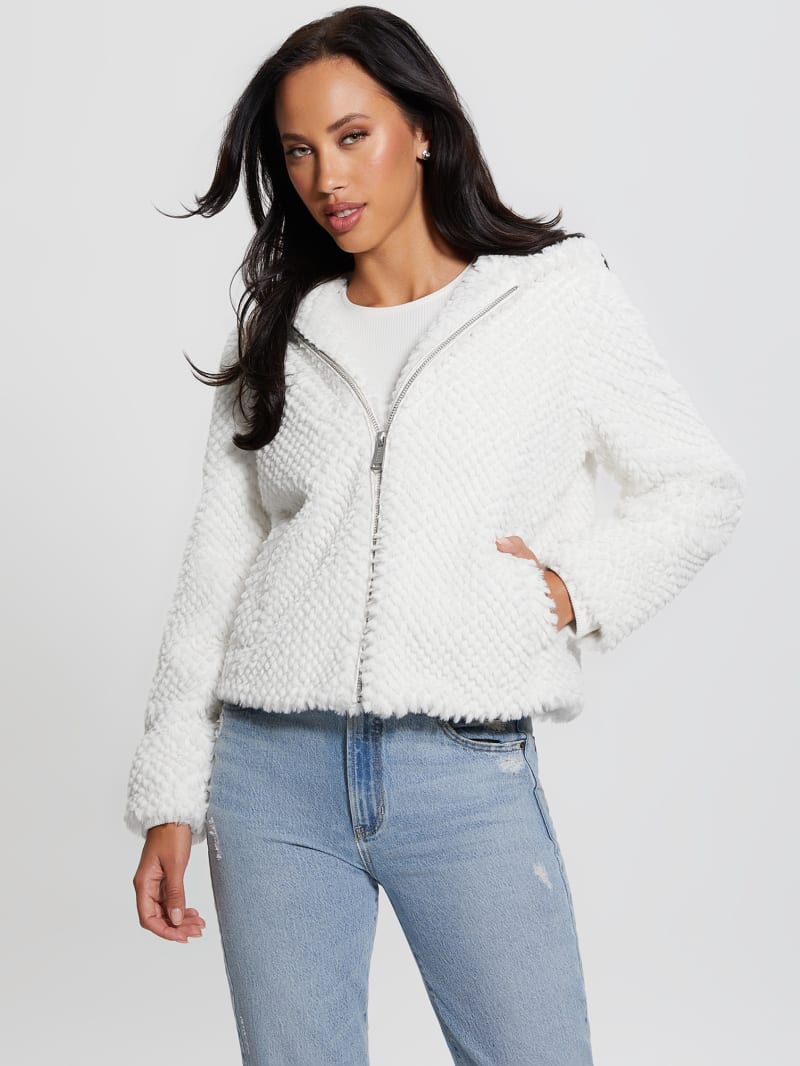 Guess Theoline Faux-Fur Hooded Jacket - Cream White