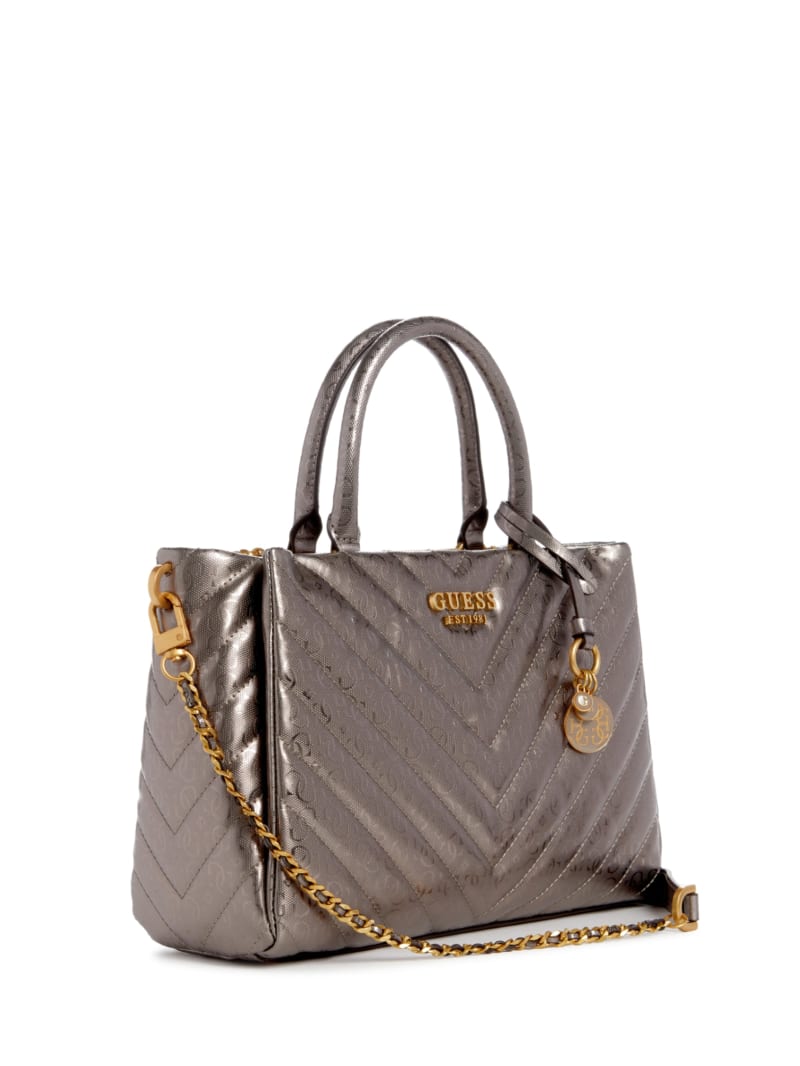 Guess Jania Metallic Quilted Society Satchel - Pewter