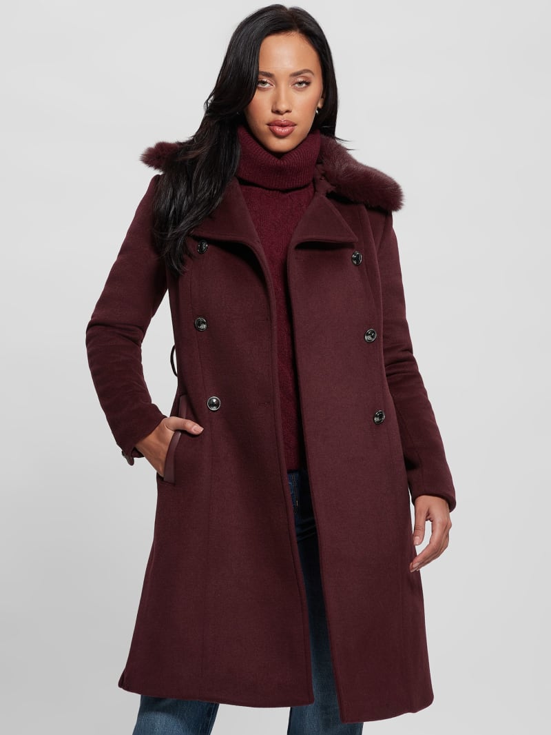 Guess Patrice Wool-Blend Belted Coat - Mystic Wine