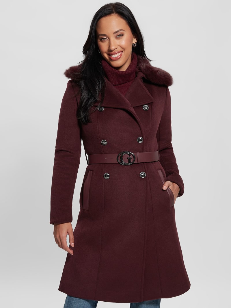 Guess Patrice Wool-Blend Belted Coat - Mystic Wine