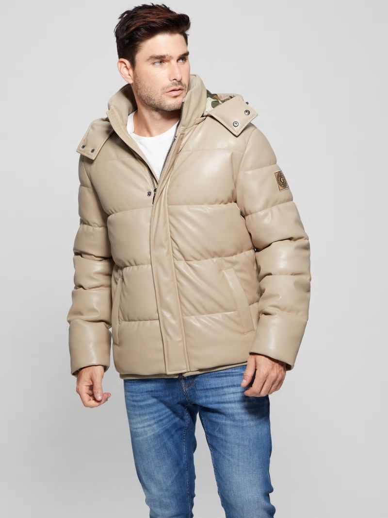 Guess Faux-Leather Hooded Puffer Jacket - Pasadena Stone