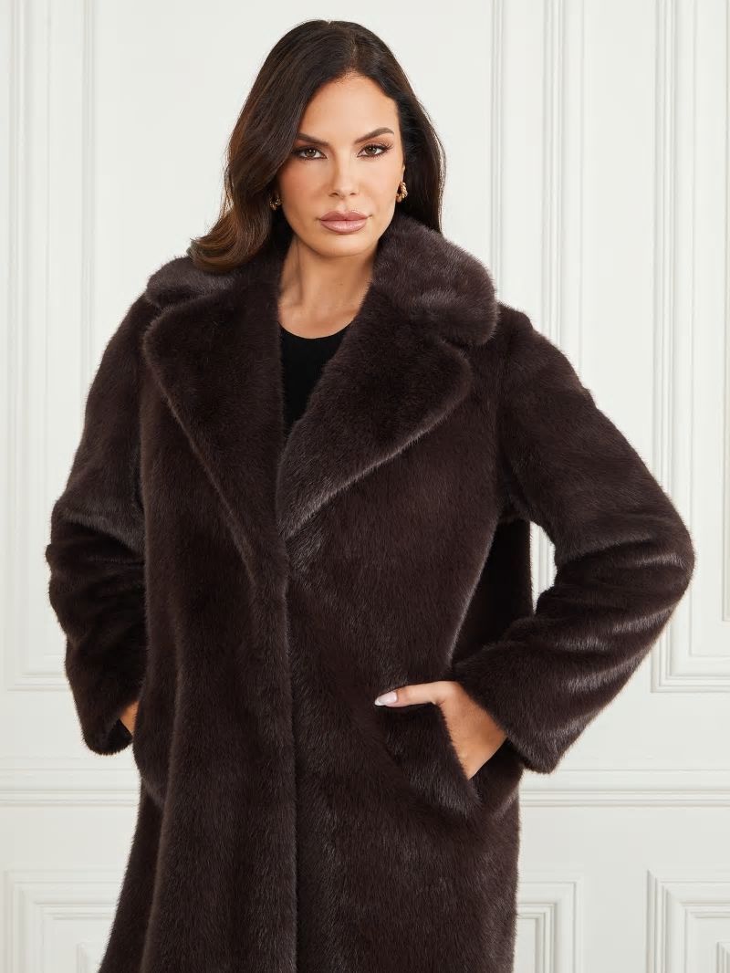 Guess Bianca Faux-Fur Coat - Cold Brew Multi