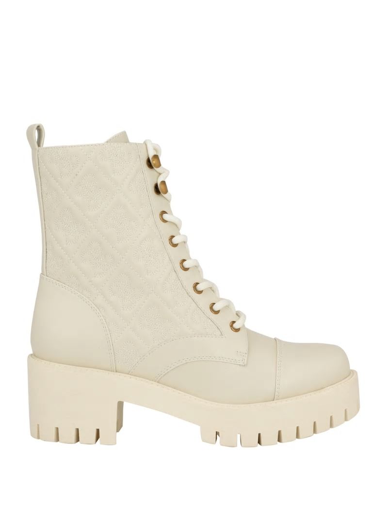 Guess Waite Embossed Lace-Up Moto Boots - Ivory 150