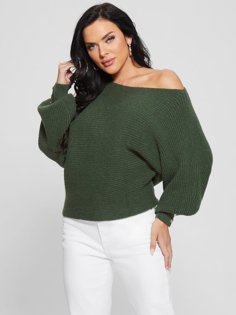 Guess Isadora Off-Shoulder Sweater - Moss Mat