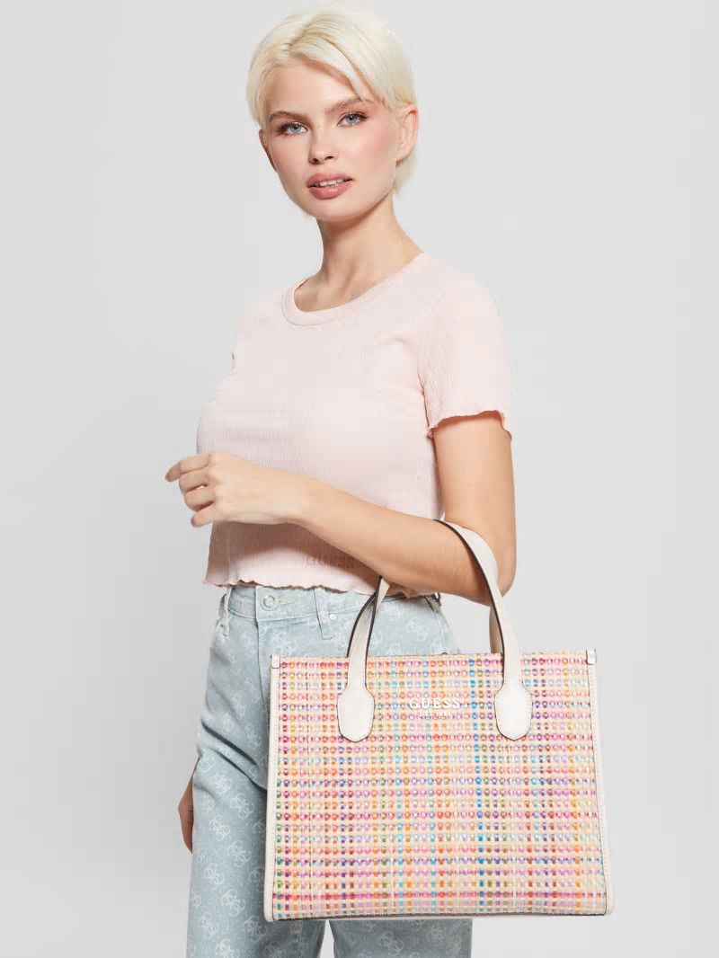 Guess Silvana Colorful Straw Tote - White Multi