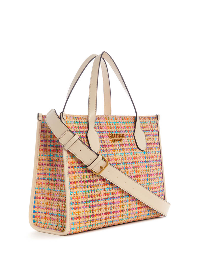 Guess Silvana Colorful Straw Tote - White Multi