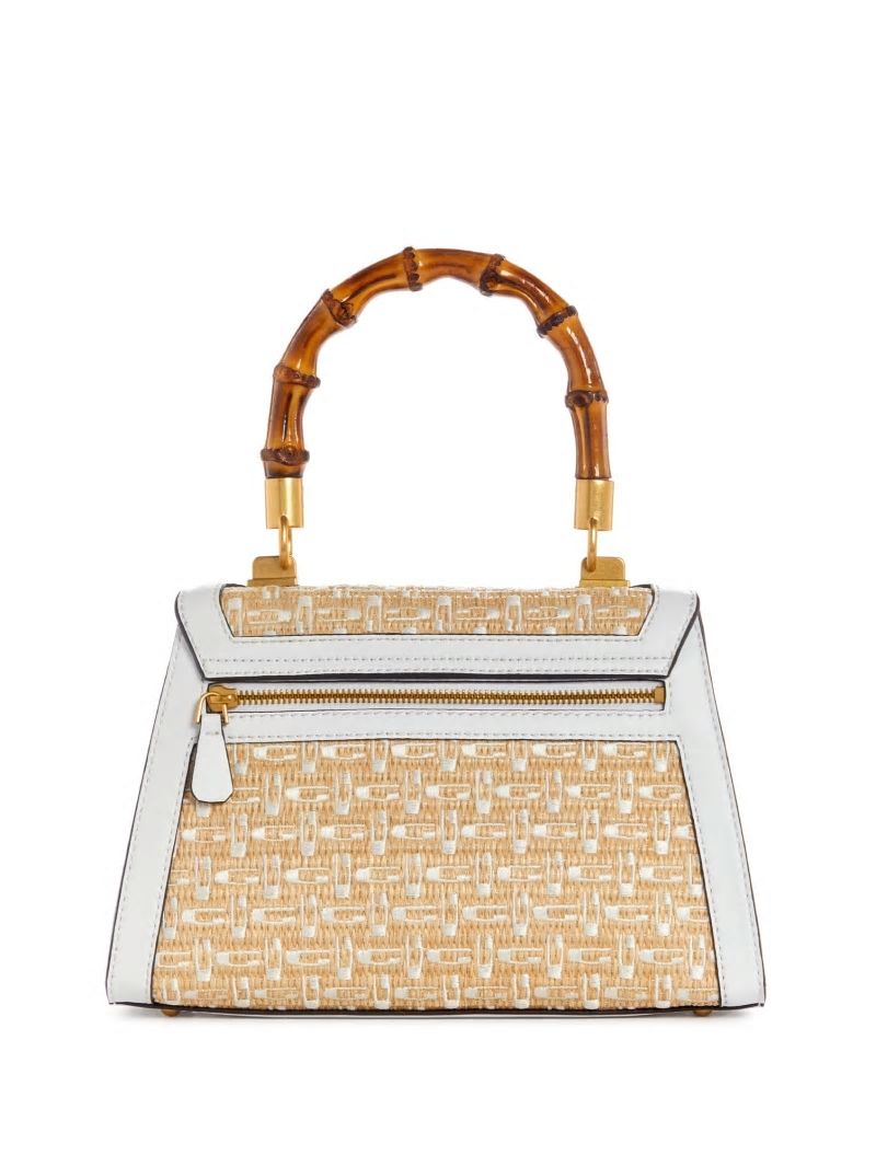 Guess Stephi Straw Logo Bamboo Fold-Over Satchel - White Multi