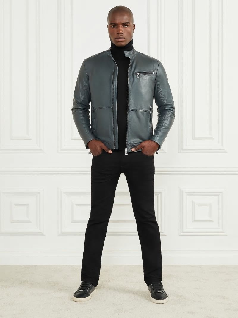 Guess Genuine Leather Biker Jacket - Black