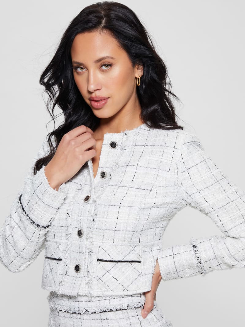 Guess Eco Sofia Tweed Jacket - Check Tweed White Combo