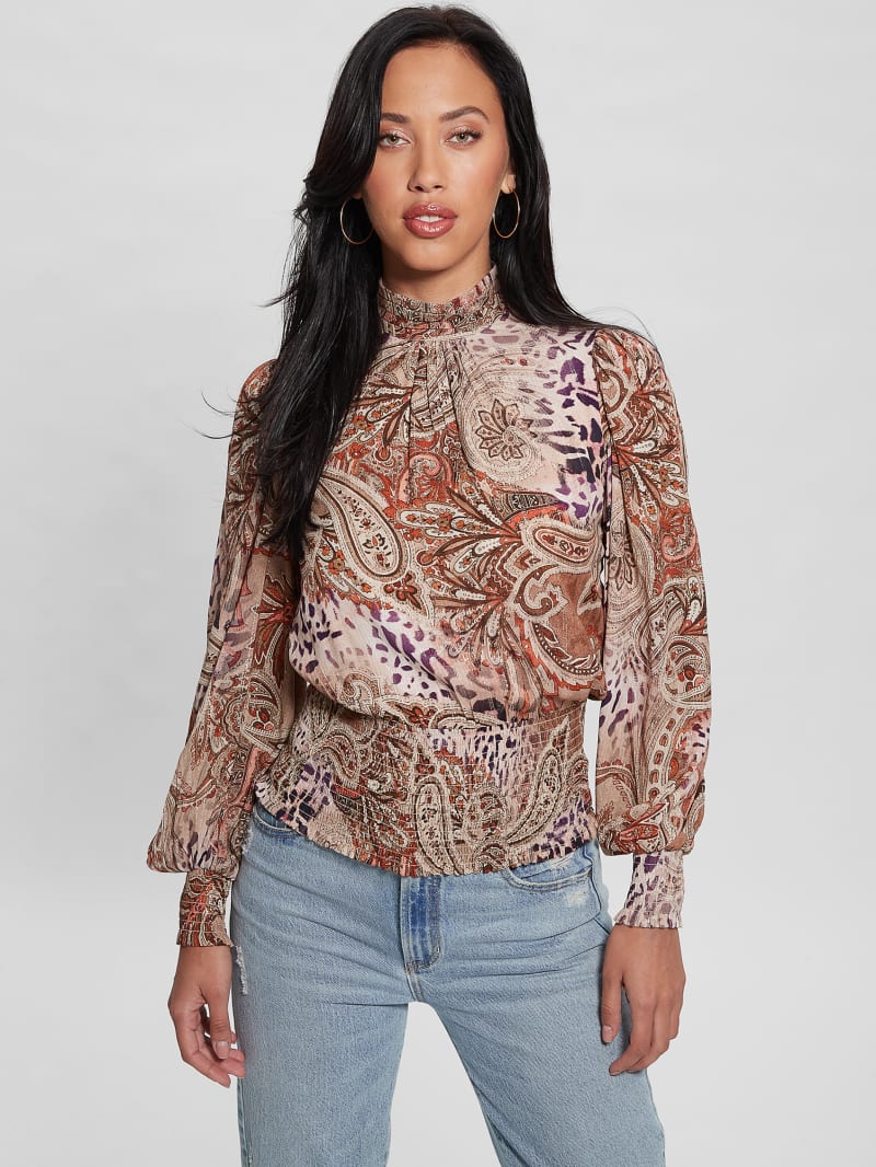 Guess Monique Printed Chiffon Top - Red Multi Pattern