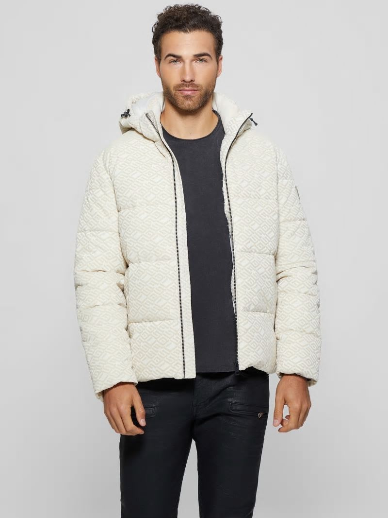 Guess Logo Hooded Puffer Jacket - Muted Stone Flock Guess