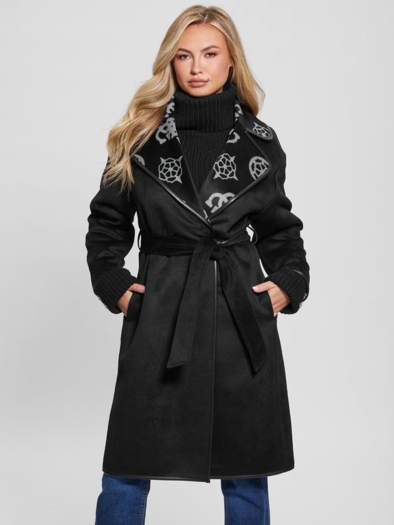 Guess Ludovica Wool-Blend Wrap Coat - Jacquard Logo Black Combo