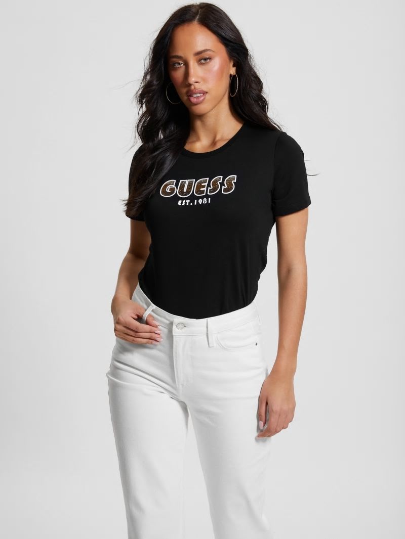 Guess Eco Crewneck Rhinestone Logo Tee - Black