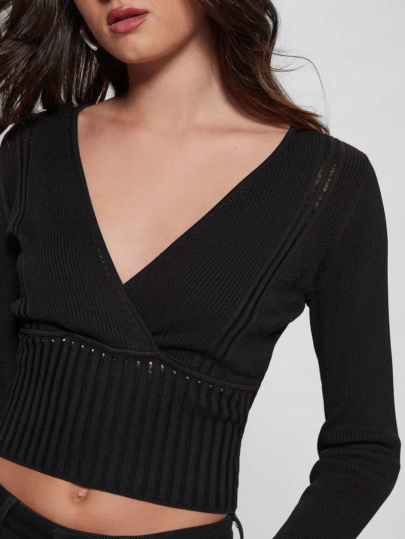 Guess Surplice Soft Bandage Sweater Top - Black