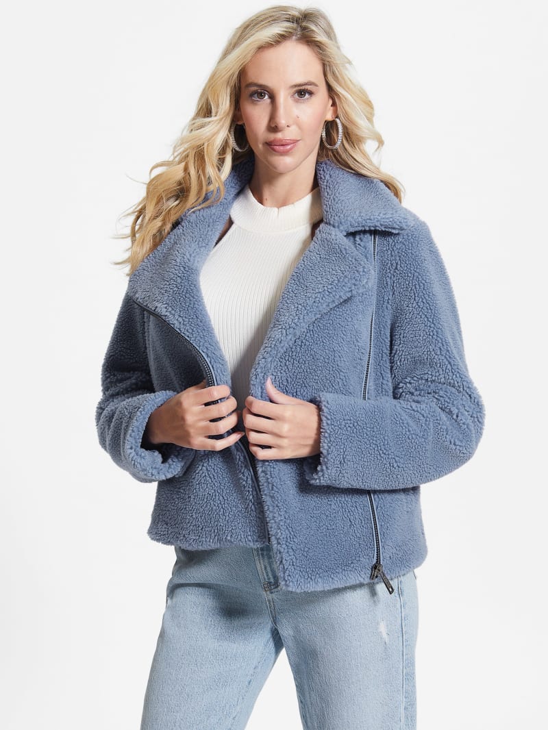 Guess Daria Faux-Sherpa Moto Jacket - Steel Blue