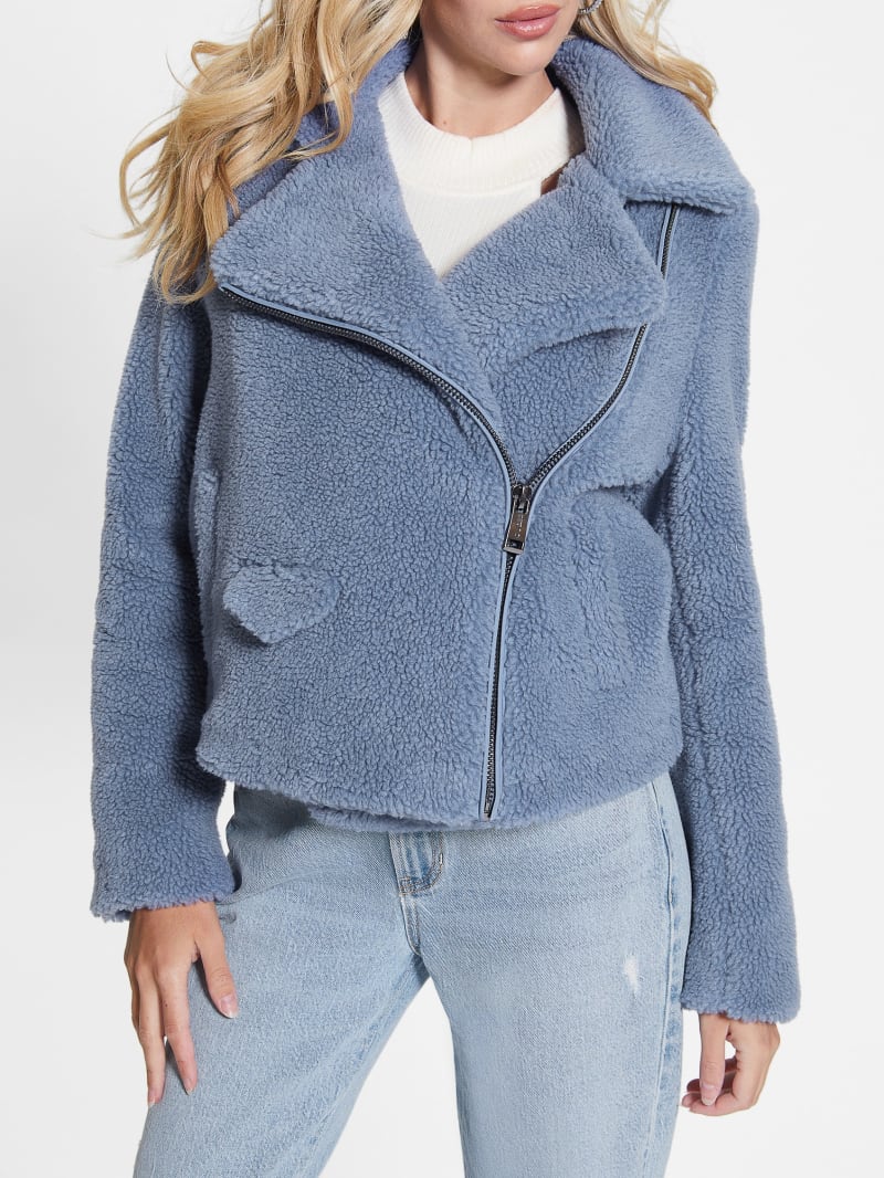 Guess Daria Faux-Sherpa Moto Jacket - Steel Blue