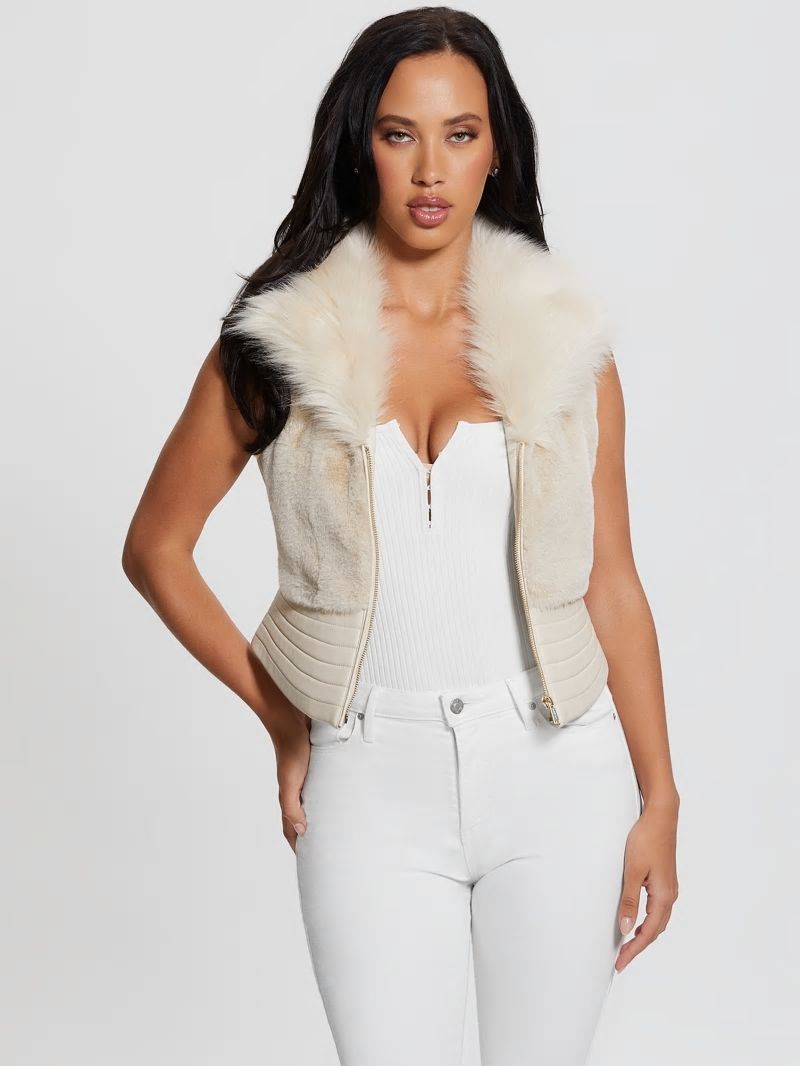 Guess Jodie Faux-Fur Vest - Pearl Oyster Multi