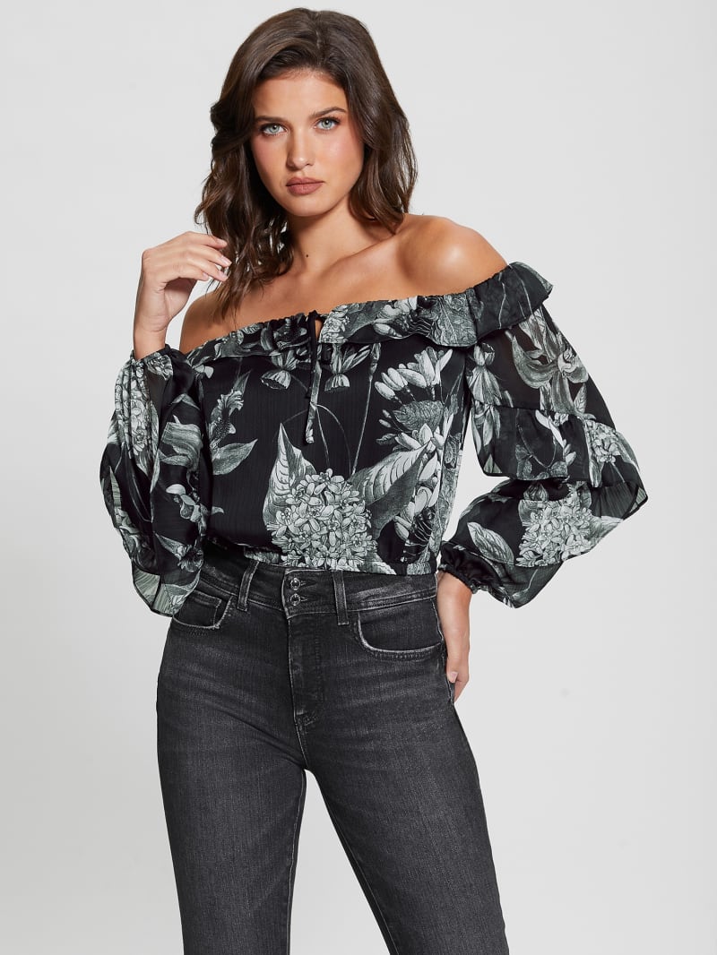 Guess Eco Shani Off-the-Shoulder Top - Phantom Flora Print Black