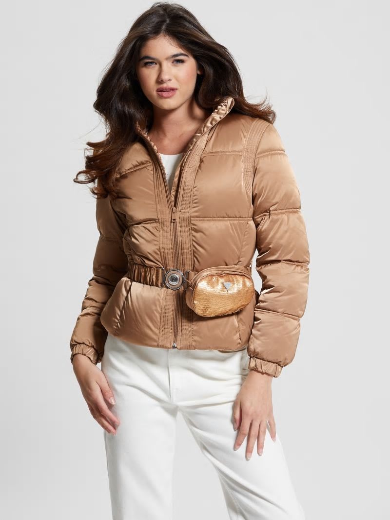 Guess Eco Lucia Belt Bag Puffer Jacket - Wet Sand Multi