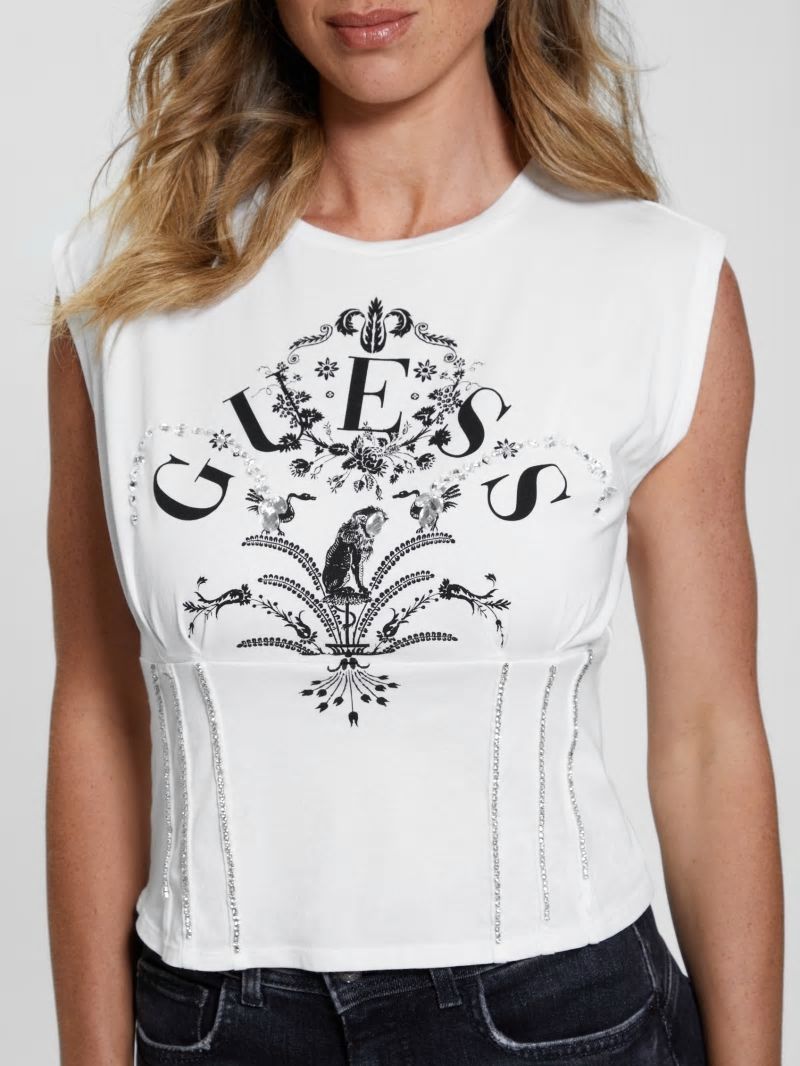 Guess Queen Graphic Corset Tee - Pure White