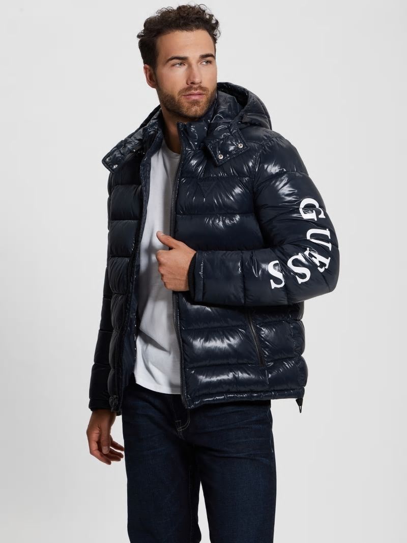 Guess Shiny Hooded Puffer Jacket - Bleu éLéGant