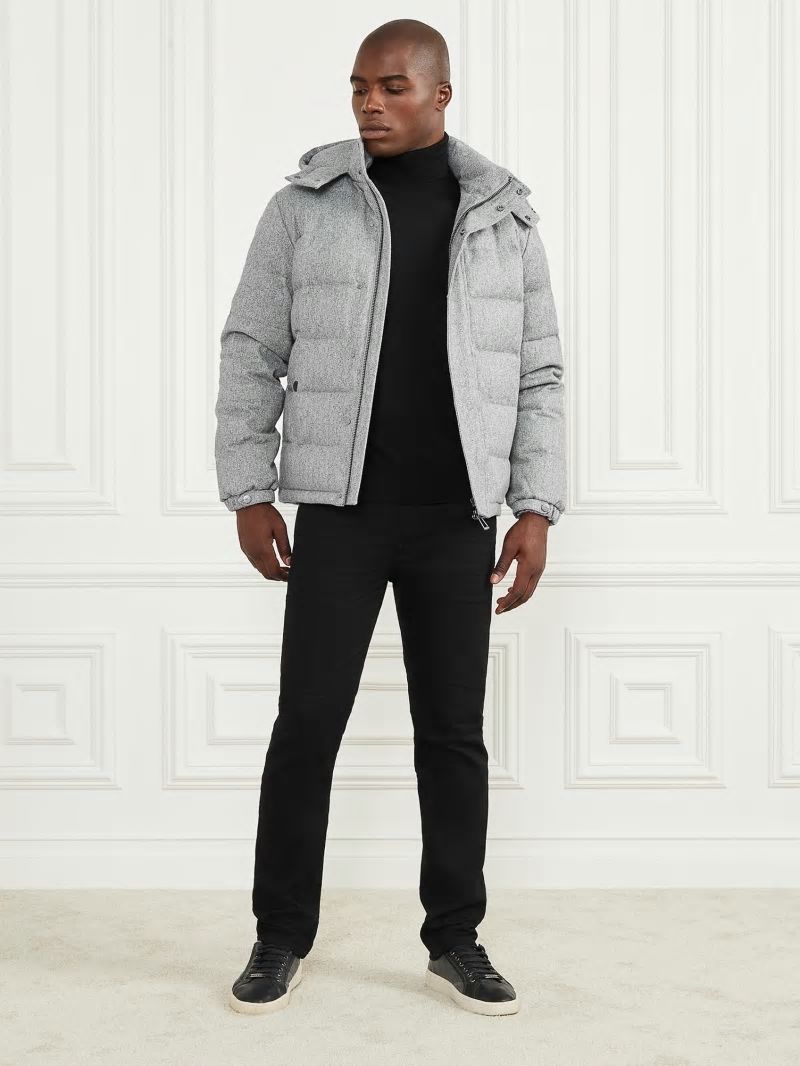 Guess Hooded Puffer Jacket - Grey Herringbone Melange