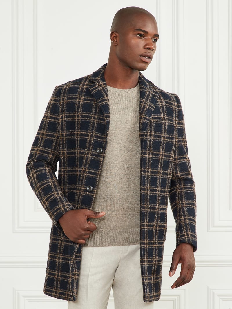 Guess Daily Single Breasted Wool-Blend Coat - Blue Brown Macrocheck